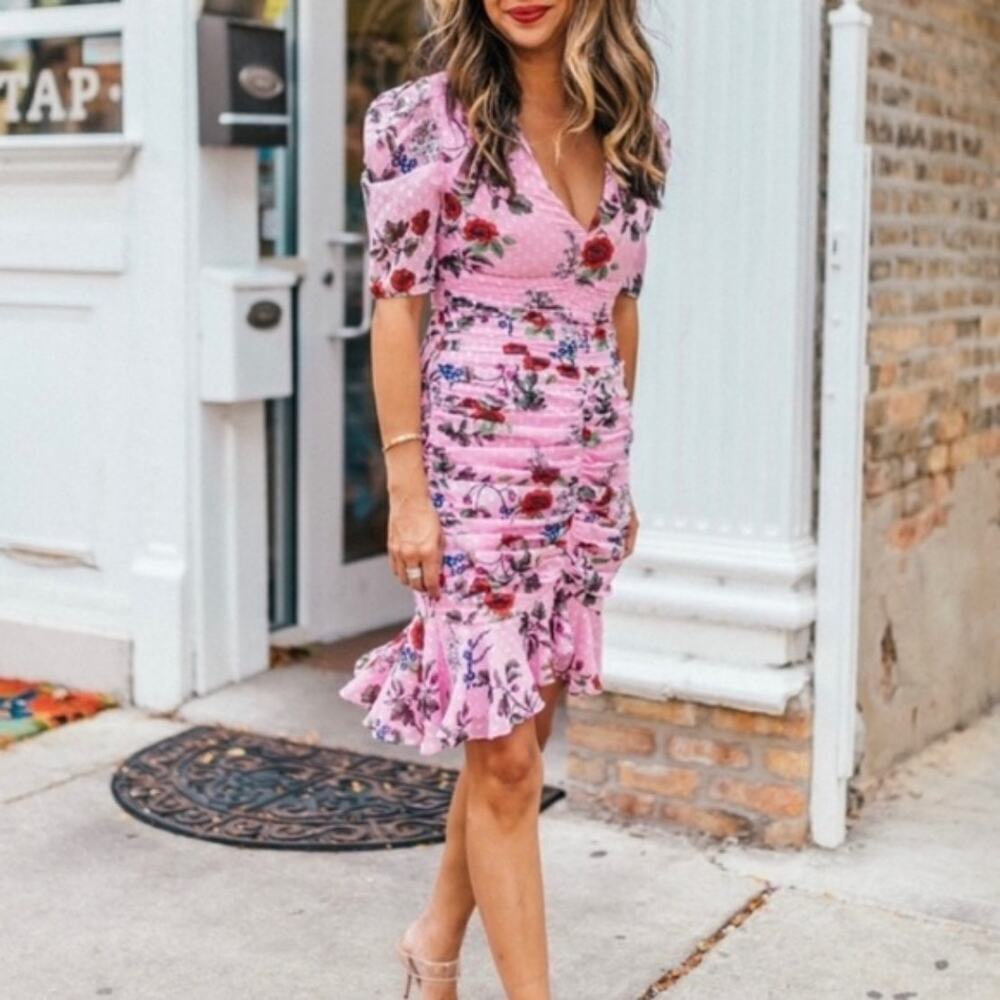 Keepsake the Label Pink Floral Ruched Puff Sleeve Ruffle Trim Mini Dress